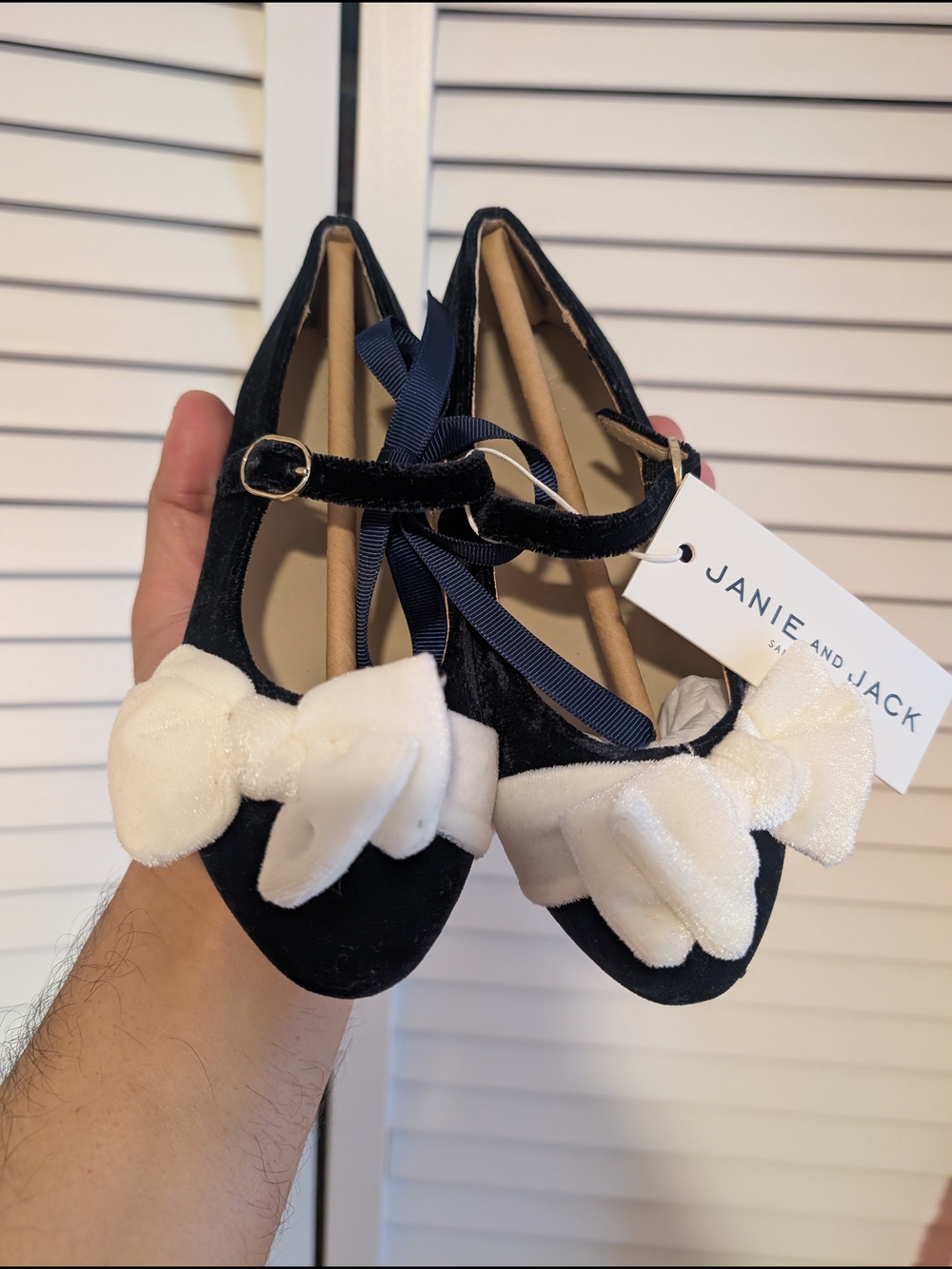 Janie and Jack Navy Velvet Mary Janes with White Velvet Bows